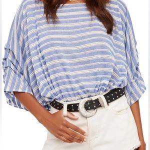 Free People NWT XS Azalea Blue White Eyelet Oversized Dolman Sleeve Boho Top